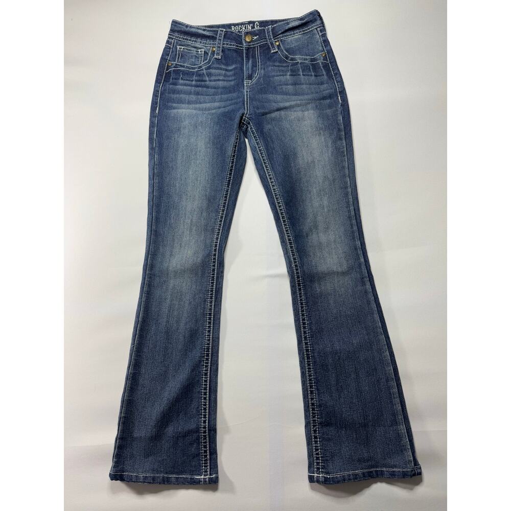 Rockin' C Women's Embroidered Pocket Bootcut Blue Denim Jeans - Size 27x29